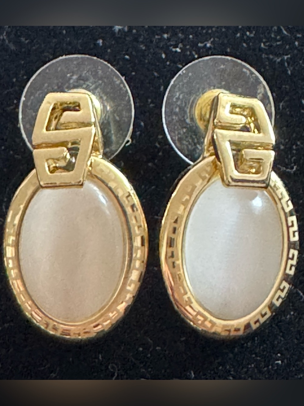 Elegant Turkish Luminous Oval Moonstone Look Earrings with Yellow Gold Metal